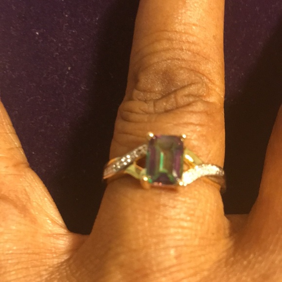 Ring 0.93 Ct Emerald Cut Magical Rainbow Mystic Gemstone/2 Round Cut Diamonds